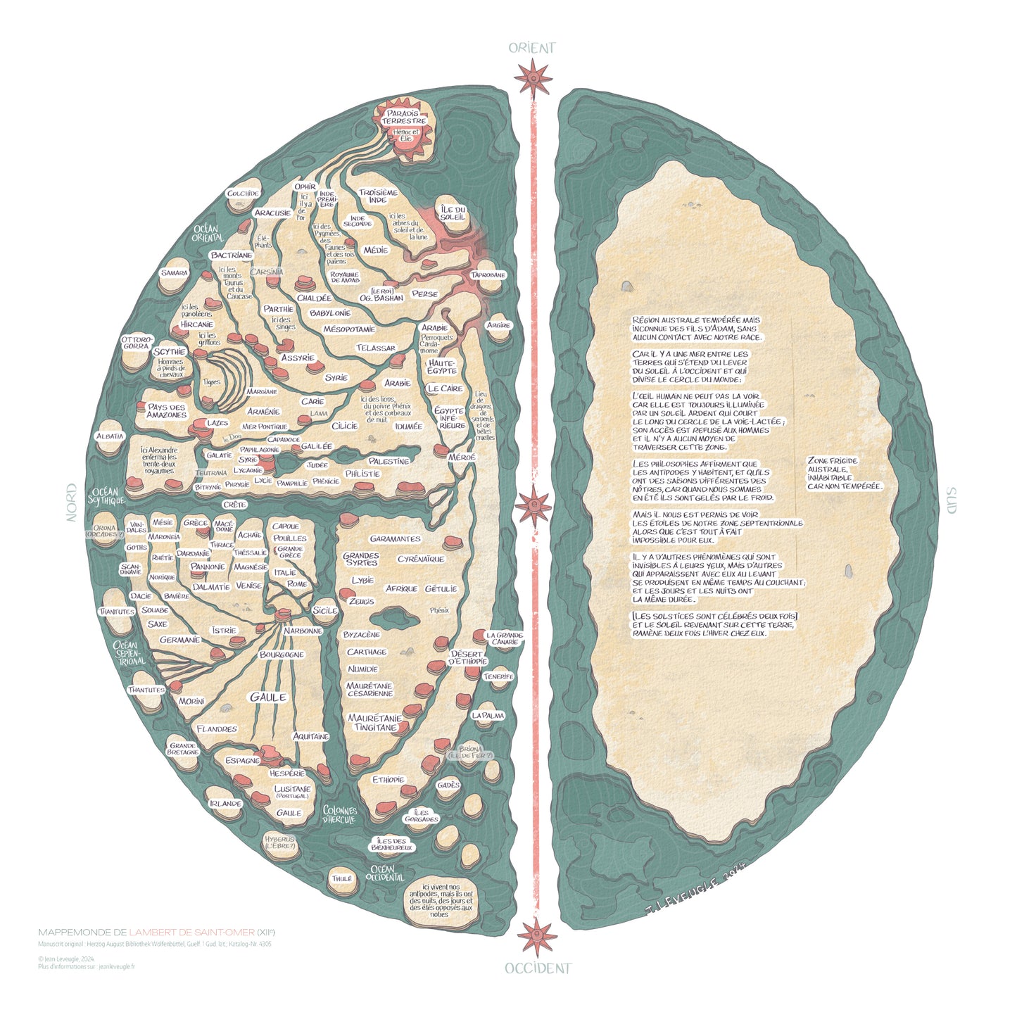 Carte circulaire du Liber Floridus par Lambert de Saint-Omer (XIIe) - 40/40cm